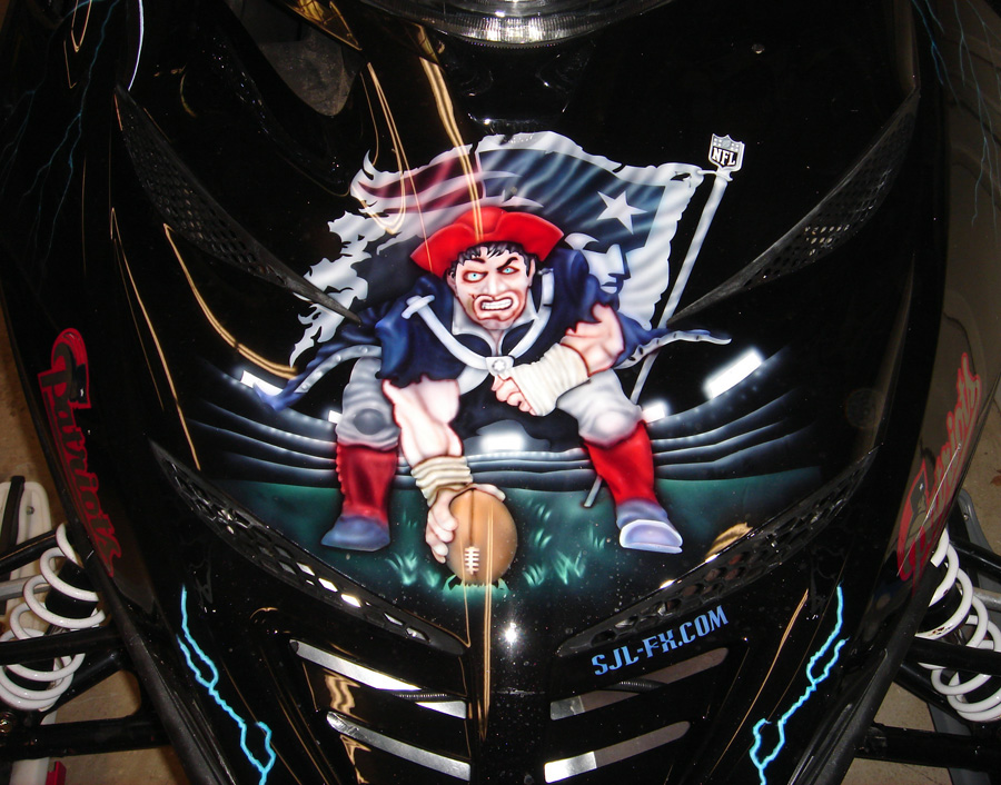 Snowmobile Hood Airbrushed With New England Patriots Custom Paint